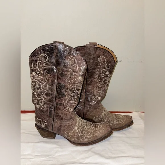 Corral Teens Cowboy Boots Size 4.5 Brown Leather  Stitched Cowgirl Mid Calf Shoe - Picture 2 of 8